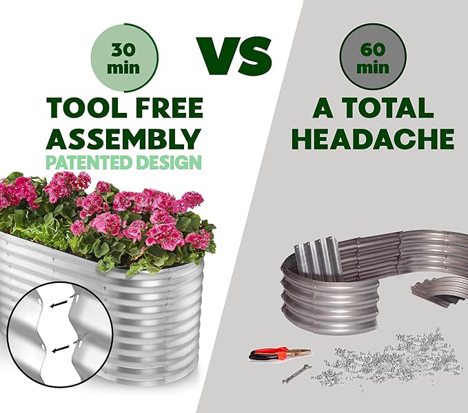 Plant &amp Plot Galvanized Raised Garden Beds Outdoor // 4×2×2 ft Planter Raised Beds for Gardening Vegetables Flowers // Large Metal Garden Box (Silver) // Patented Tool-Free Design