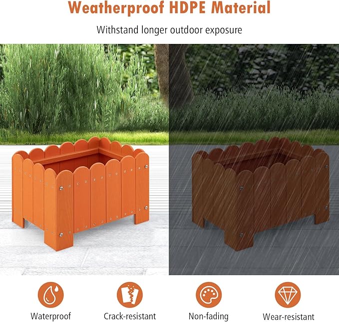 Giantex 2 Pack Raised Garden Bed Weather-resistant HDPE Planter Boxes with Drain Gaps Rectangular Flower Pots for Vegetable Flower Fruit Plant Raised Beds for Front Porch Garden Balcony Orange