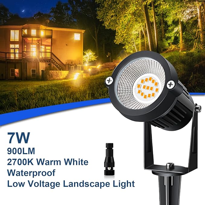 Landscape Lighting Outdoor LED Low Voltage Landscape Lights 7W 900LM Waterproof 12V Garden Lights Flag Landscape Spotlights with Spike Stand Warm White Light (10-Pack with Connector)
