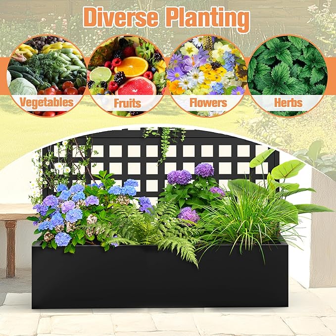 Metal Planter Box with Trellis &amp Wheels Raised Garden Bed with Privacy Screen Outdoor Standing Flower Beds with Drainage Hole for Climbing Plants Vine 47 Lx16 Wx71 H
