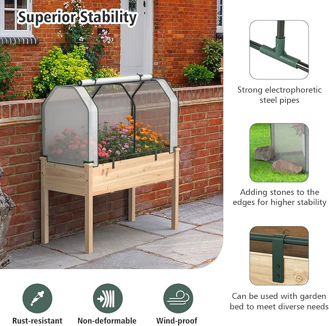 Giantex Raised Garden Bed with Mini Greenhouse w/Dual Zipper Door 47.5”x21.5”x24” Planter with Green House for Patio Lawn Garden Easy Assembly (Natural &amp White)