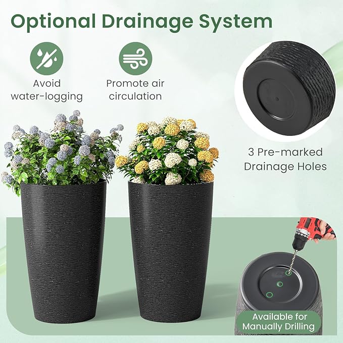 Giantex 21” Tall Plastic Planters Set of 2 Round Tapered All Weather Flower Pots with Drainage System Indoor Outdoor Stackable Decorative Plant Containers for Front Porch Home Garden (Black)