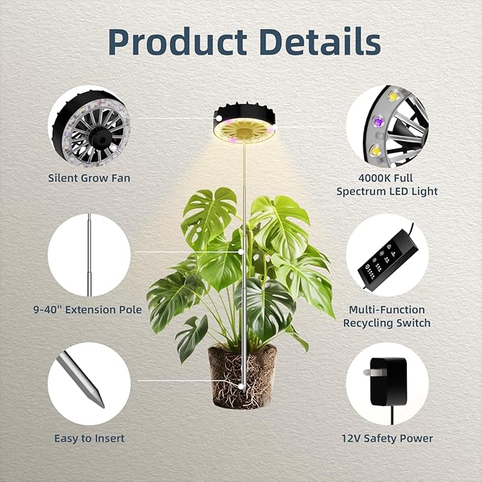 Grow Lights for Indoor PlantsClip on Full Spectrum Led Plant Grow Light with Integrated Circulating Fan Timer and Dimmable (Black Ajustable 2 Packs)