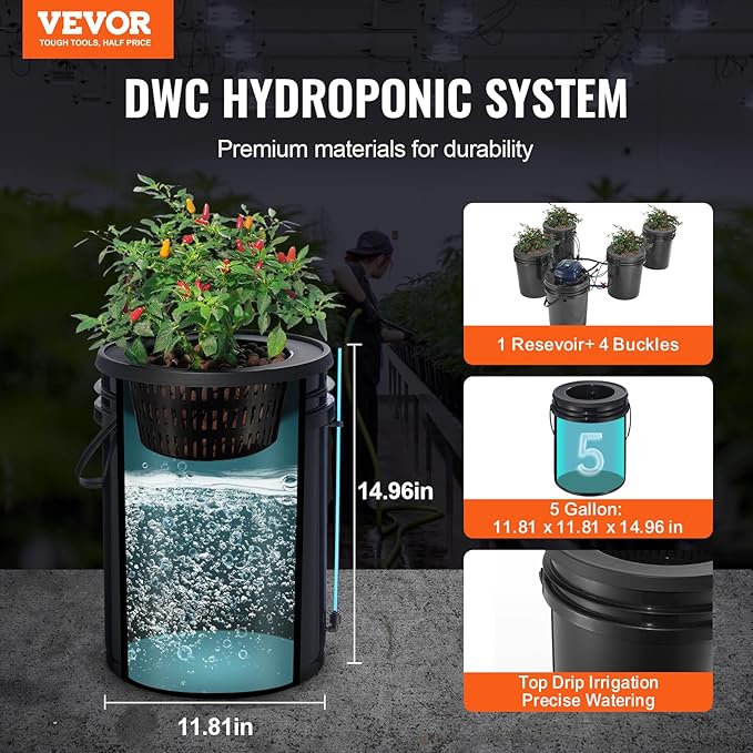 VEVOR RDWC Hydroponics Grow System Hydroponic Growing Kit with Top Drip Recirculating Deep Water Culture 4 Buckles and 1 Reservoir with Air Pump and Water Level Device for Leafy Vegetables
