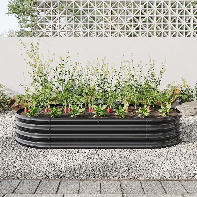 Outdoor Raised Garden Bed for Plants Vegetables and Flowers Oval Large Metal Raised Bed Kit Durable Galvanized Planter Boxes for Garden Backyard Easy Assembly (Black 70.86 x 35.43 x 11.42 in)