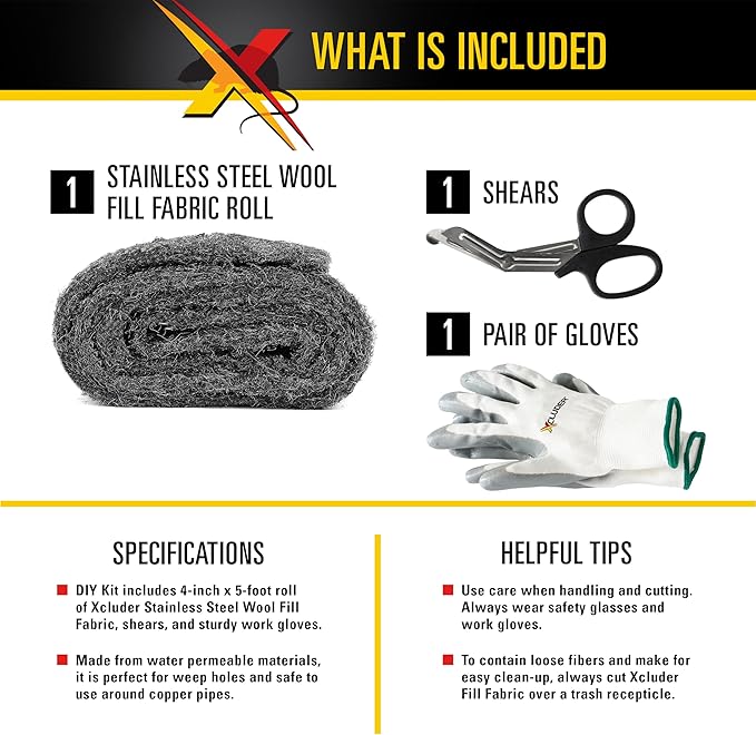 Xcluder Rodent Control Fill Fabric Large DIY Kit Stainless Steel Wool Stops Rats and Mice