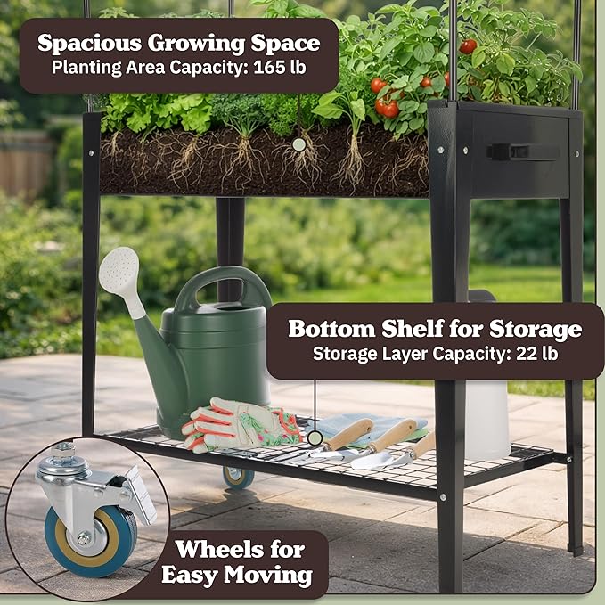 Raised Garden Bed with Cover - 31.5”x15.75”x47.25” Metal Elevated Planter Box with Legs Greenhouse Cover Wheels and Storage Shelf - for Growing Flowers Vegetables or Herbs by Pure Garden (Black)