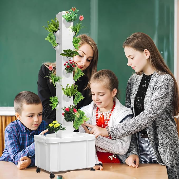 20-Plants Vertical Hydroponic Tower Garden System - Hydroponic Grow Tower Kit with Water Pump &amp Wheels Movable Modular Indoor/Outdoor for Strawberries Tomatoes Lettuce Herbs White 1