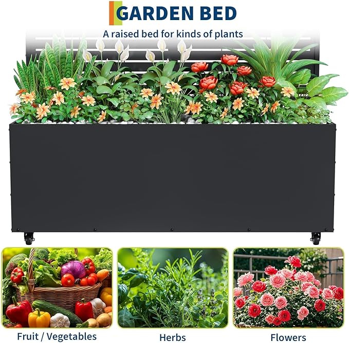 Garvee Metal Raised Garden Bed with Trellis and Wheels 71x47x16 Metal Planter Box with Trellis Privacy Screen for Climbing Plants Vegetable Vines Drainage Holes 15.8 Deep Planting BedBlack