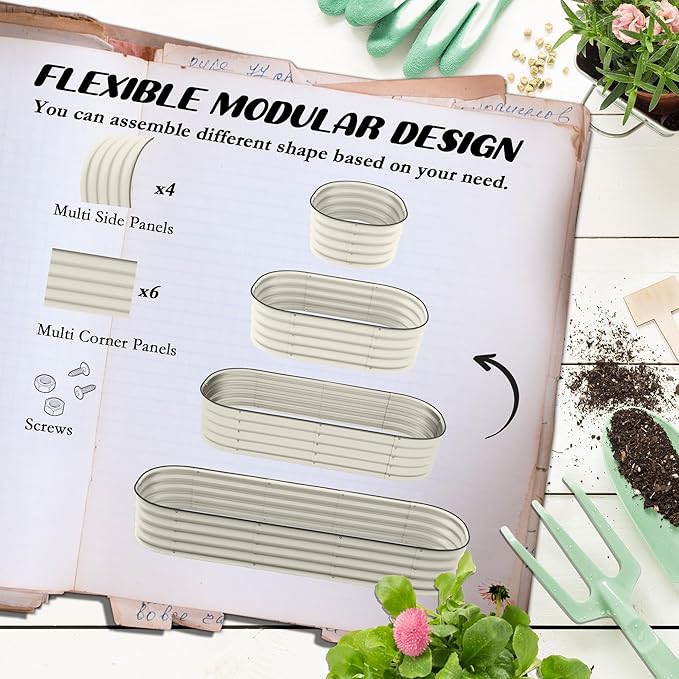 6.4' x 2' x 1' Galvanized Raised Garden Bed Kit Outdoor Metal Elevated Planter Box with Safety Edging Easy DIY Stock Tank for Growing Flowers Herbs Vegetables Cream