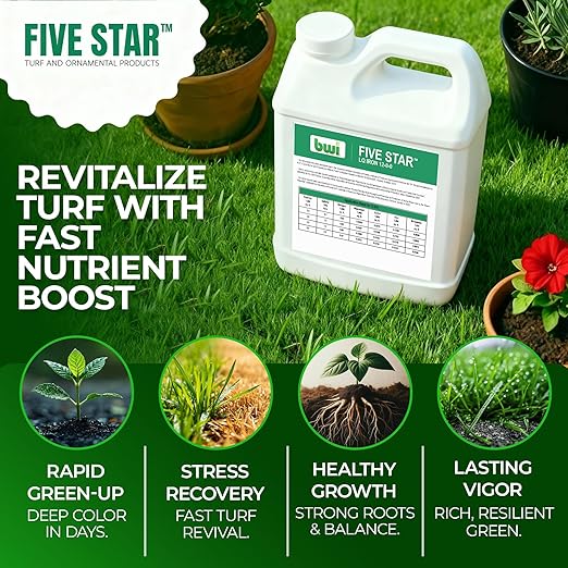 Five Star LQ Iron 12-0-0 Liquid Fertilizer for Rapid Green-Up &amp Chlorosis Correction - Perfect Nitrogen Fertilizer with 6% Iron 2% Manganese &amp Low pH for Turf Trees &amp Ornamentals - 2.5 G