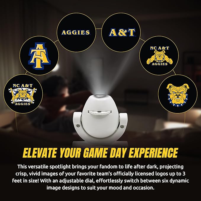 Sporticulture NCAA American Football NC A&ampT Aggies - Adjustable Led Mini Spotlight Projector with 6 Team Logo Designs - Portable &amp Rechargeable Spotlight - Battery-Operated - 4.375” x 3.125”