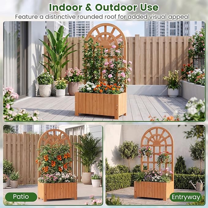BECOMFORT 48”H Raised Garden Bed with Arched Trellis Fir Wood Planter Box with Privacy Screen &amp Drainage Holes for Balcony Yard Elevated Outdoor Flower Box for Climbing Plants Vegetables &amp