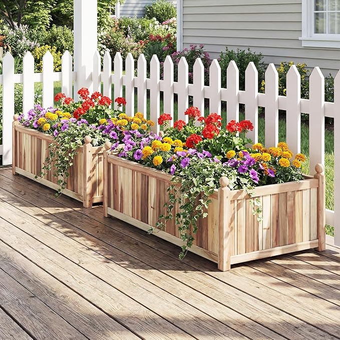 Giantex Acacia Wood Raised Garden Beds Set of 2 44x23x16 Rectangular Planter Box w/Black Liner for Vegetable Flower Herb Fruit Easy Assembly Outdoor Planting Bed for Backyard Garden Lawn