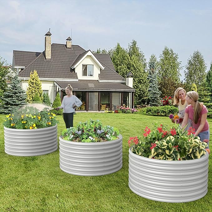 FRIZIONE Raised Garden Bed 2-Pack 3FT(D) x2FT(H) Round Outdoor Planter Box for Flower Herb Vegetable - White