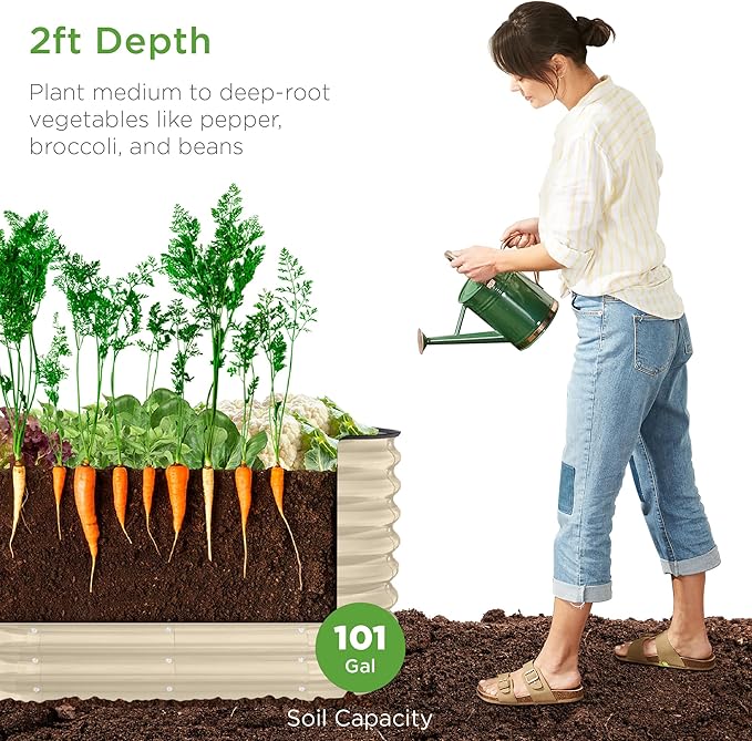 Best Choice Products 4x2x2ft Outdoor Metal Raised Garden Bed Oval Deep Root Planter Box for Vegetables Flowers Herbs and Succulents w/ 101 Gallon Capacity Rubber Edge Guard - Beige