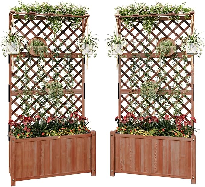 SPECRAFT 2 Pack Wood Planter with Trellis 35.4x17.7x72 Inch Raised Garden Bed 1.6Ft Deep Large Planter Box for Outdoor Gardening Vegetables and Climbing Plants