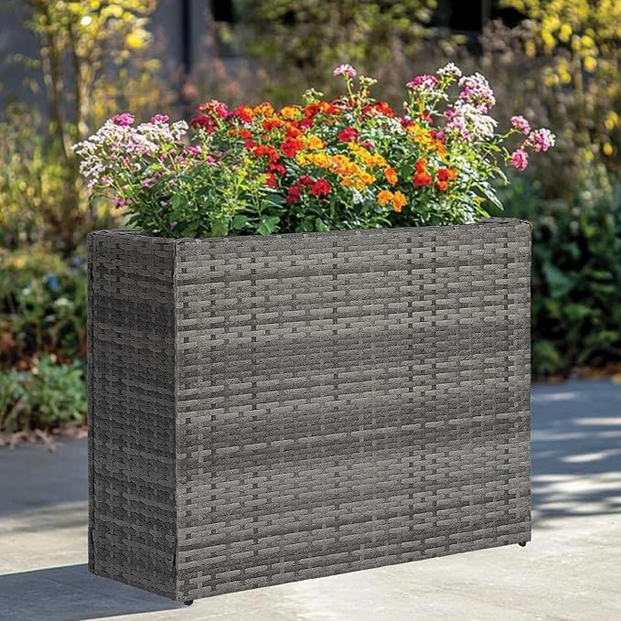 LEWIS&ampWAYNE Large Rectangular Block Planter Box Handmade Wicker Tall Planters for Outdoor Plants with Removable Liners Modern Planter for Indoor Outdoor Patio Deck - Gray 38''x11''x30''