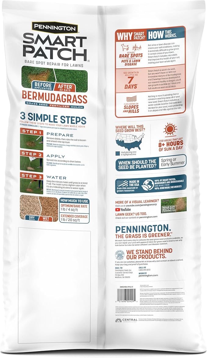 Pennington Smart Patch Bermudagrass 30lb 600 sq. ft. Grass Seed Bare Spot Repair with Mulch and Fertilizer