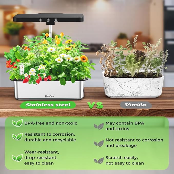 Stainless Steel Hydroponics Growing System kit Indoor Garden: 15 Pods Herb Garden with 24W Full Spectrum Grow Light Hydroponic Gardening System with Silent Pump Planting Height Up to 19.7 (Sliver)