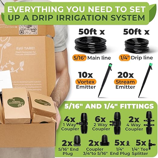 CARPATHEN Drip Irrigation System Kit - Complete Premium Garden Watering System with Adjustable Sprinkler Emitters 5/16 &amp 1/4 Tubing and Fittings - Drip Line for Raised Beds Lawn Pots Greenho