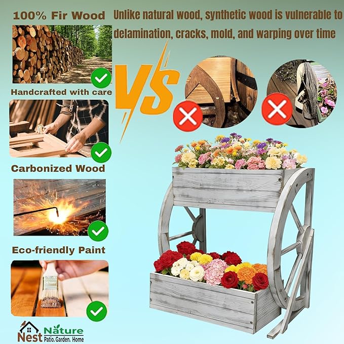 Wooden Wagon Garden Planter Box with Wheels-Indoor/Outdoor Decor for Patio Backyard Balcony-Country Farmhouse Flower Box-2 Tier Rustic Garden Raised Bed for Flowers Herbs Vegetables
