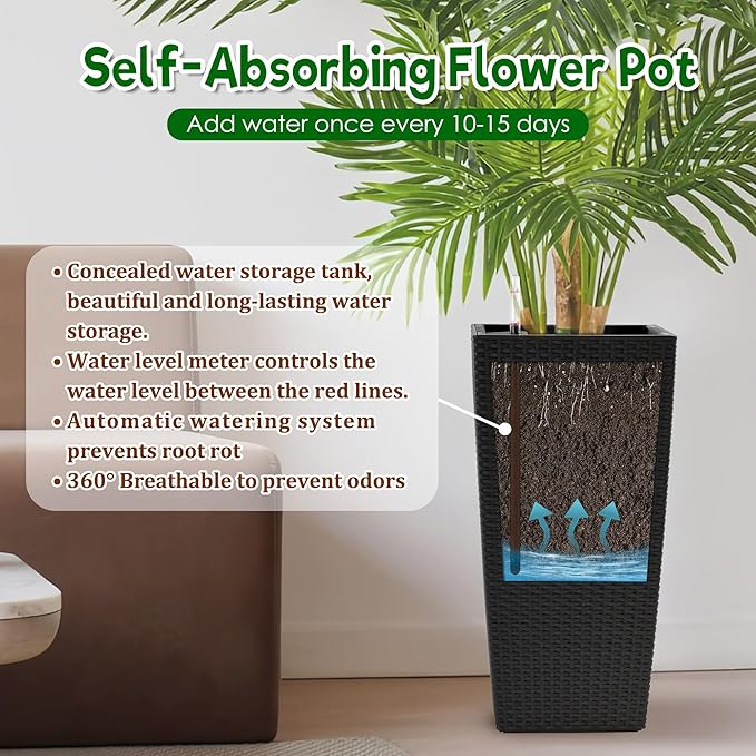 Square Planter for Indoor or Outdoor Use 22 Inch High Faux Rattan Flower Pot with Automatic Watering System for Porch Patio Backyard Makes Keeping Flowers Easier (Pack of 2 Black)