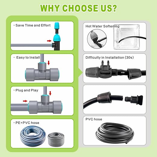 98FT Drip Irrigation System Kit with Quick-Connect Design Automatic Drip Irrigation Kits with Adjustable Nozzles Durable Hoses for Outdoor Plant Watering in Garden Greenhouse Patios