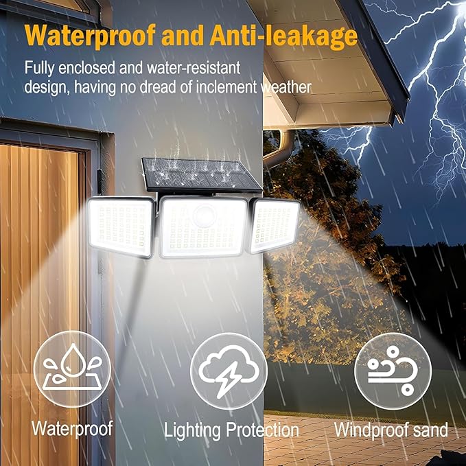 2500LM Solar Lights Outdoor with Motion Sensor3 Head 270° Wide Angle Street Area LightsIP65 Waterproof Security Lighting with 3 Modes(Remote2 Pcs)
