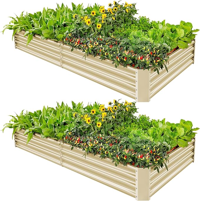 Land Guard 2 Pack 8×4×1ft Galvanized Metal Raised Garden Bed Metal Planter Kit Box Outdoor for Deep-Rooted Vegetables Flowers Green and Herbs (Cream Yellow)
