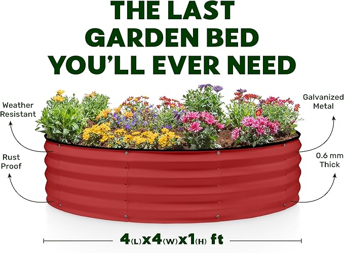 Round Galvanized Raised Garden Bed // 4×4×1 ft (2-Pack) Galvanized Raised Garden Beds Outdoor for Gardening Vegetables Flowers (Red) // Patented Tool-Free Design Round Planter