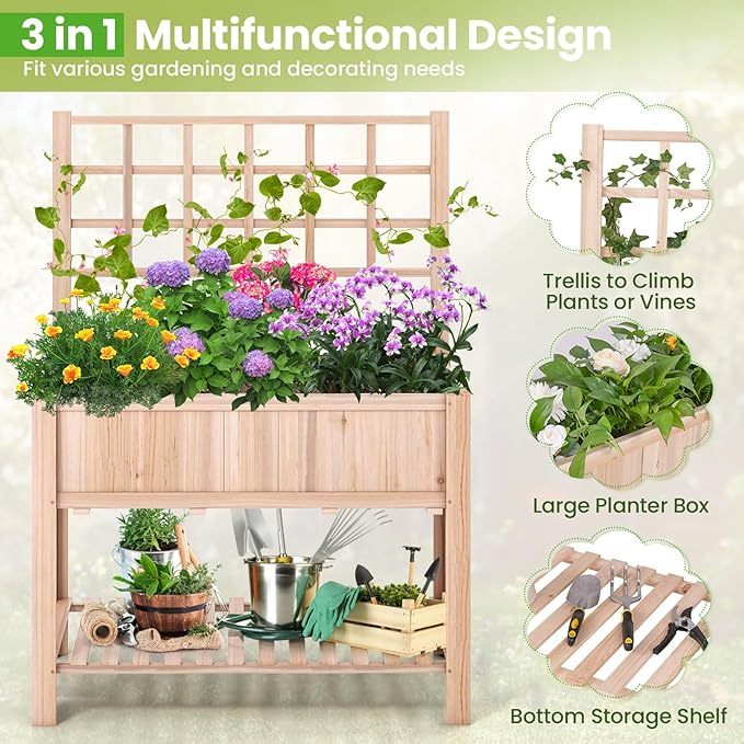 S AFSTAR Raised Garden Bed with Trellis 42x21x58in Elevated Planter Box with Legs Bottom Storage Shelf Planter Liner Wood Standing Planter Stand for Climbing Plants Flowers Vegetables Herbs