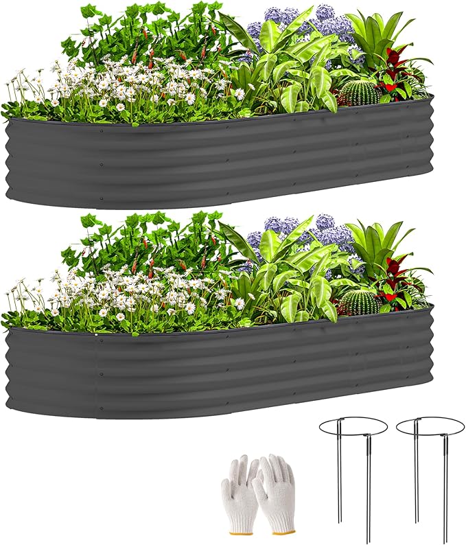 Outsunny 2PCS Galvanized Raised Garden Bed 7' x 3' x 1' Raised Beds for Gardening with Plant Support Stakes Rubber Strap Edging and Gloves Metal Planter Box for Vegetables Flowers Dark Gray