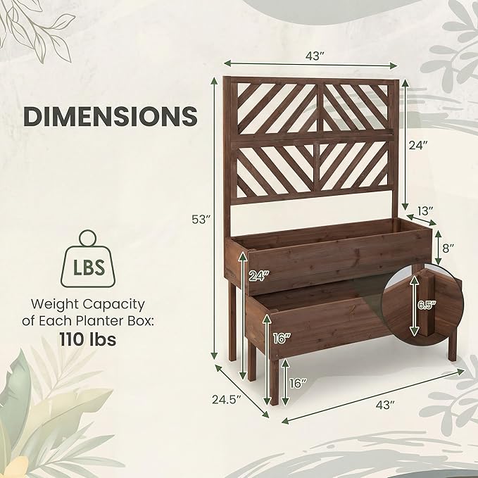 Giantex Raised Garden Bed with Trellis 2-Tier Standing Planter Box with Legs and Drain Holes Outdoor Elevated Garden Trellis for Vine Climbing Flower Vegetable Fruit Herb Growing Coffee Brown