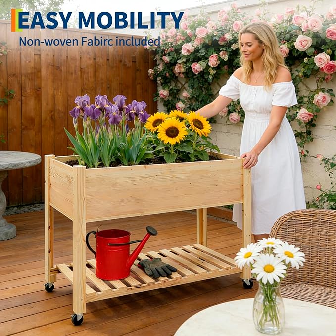 IDEALHOUSE Raised Garden Bed with Wheels 48x24x32in Wooden Elevated Planter Box for Vegetables &amp Herbs Mobile Outdoor Garden Bed with Liner &amp Storage Shelf for Patio Balcony Backyard Natu