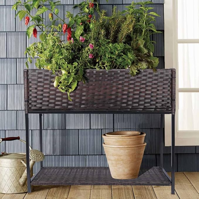 Raised Garden Bed - Rattan Raised Bed Wicker Elevated Raised Garden Bed with Underneath Tool Storage Rack Outdoor Raised Planter Box