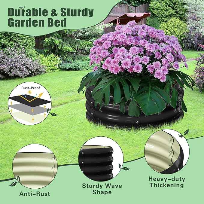 DoCred 3 Pack 2x2x1Ft Round Galvanized Raised Garden Bed Metal Garden Bed Outdoor with Tomato Cages for Gardening Above Ground Planter Box for Plants Vegetables Herbs Flowers Black