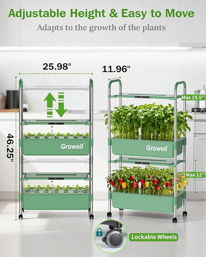 Large Hydroponics Growing System Kit Vertical Indoor Herb Garden Kit with LED Grow Light &amp Independent Water Pump 28L Movable Indoor Planter Perfect Gardening Gifts (2 Tier-54 Pods Green)
