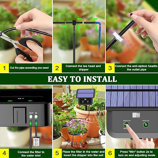 LCD Display Solar Drip Irrigation System Kit 30 Working Modes &amp 10 Watering Interval Solar Powered Drip Irrigation Kit Supports 15 Potted Plants 2200mAh Automatic Watering System for Garden