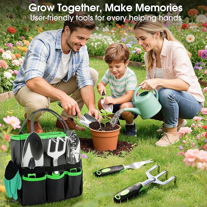 WOWBOX Garden Tools Set - 10 PCS Heavy Duty Gardening Hand Tools Kit with Storage Tote Rust-Resistant Gardening Supplies for Planting with Non-Slip Ergonomic Handle for Women and Men (Green)
