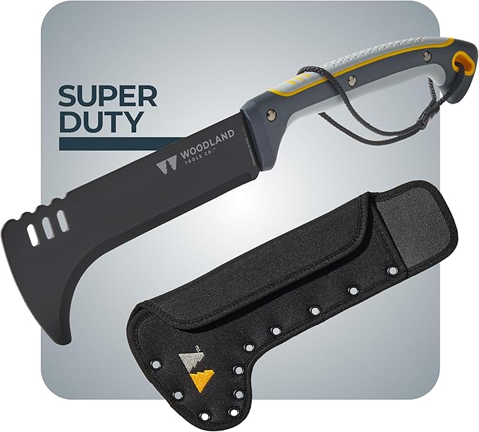 Woodland Tools Super Duty Brush Axe – 9 Inch Curved Blade with Triple Pinned Full Tang Long Handle Batoning Spine and Ballistic Nylon Sheath – Manual Tool for Brush Clearing and Trail Work