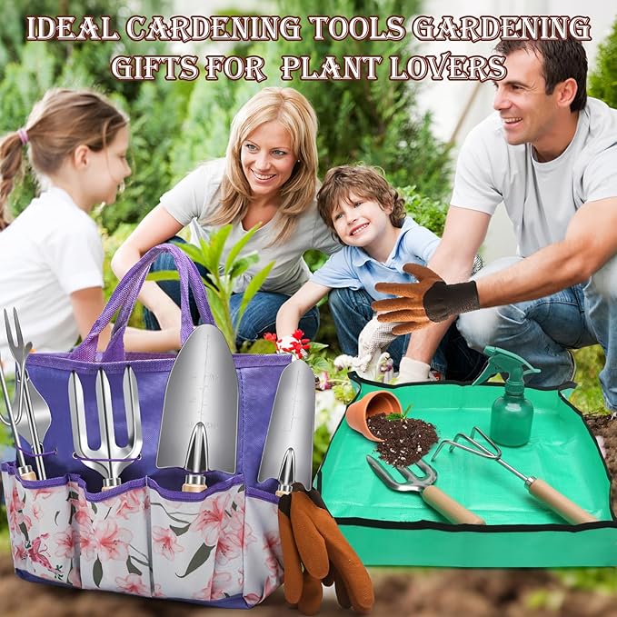 Gardening Tools Set 11 Piece Garden Hand Tools Garden Tools Set with Rust-ProofFashion and Durable Garden Tools Organizer Handbag Perfect Gardening Gifts for Mothers Day &amp Outdoor (Purple)