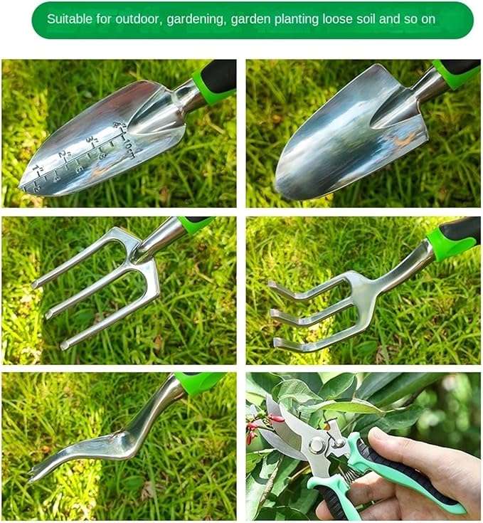 6Pcs Garden Tool Set Aluminum Alloy Gardening Tools Sand Digging Set Non Slip Ergonomic Handle Depth Marking Hand Rake Weed Puller Garden Fork &amp Pruning Shear Garden Hand Tools (Yellow)