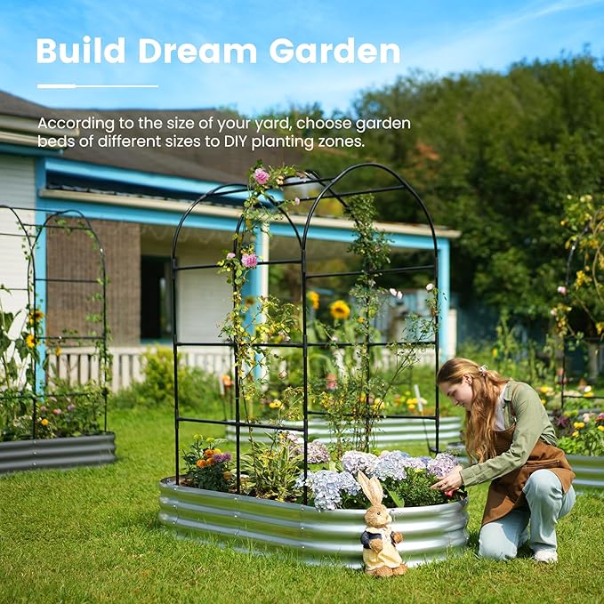 KING BIRD Raised Garden Bed with Arched Trellis Galvanized Planter Garden Box Outdoor for Gardening Climbing Vegetables Flowers 5.9x2.95x0.98 Ft Silver