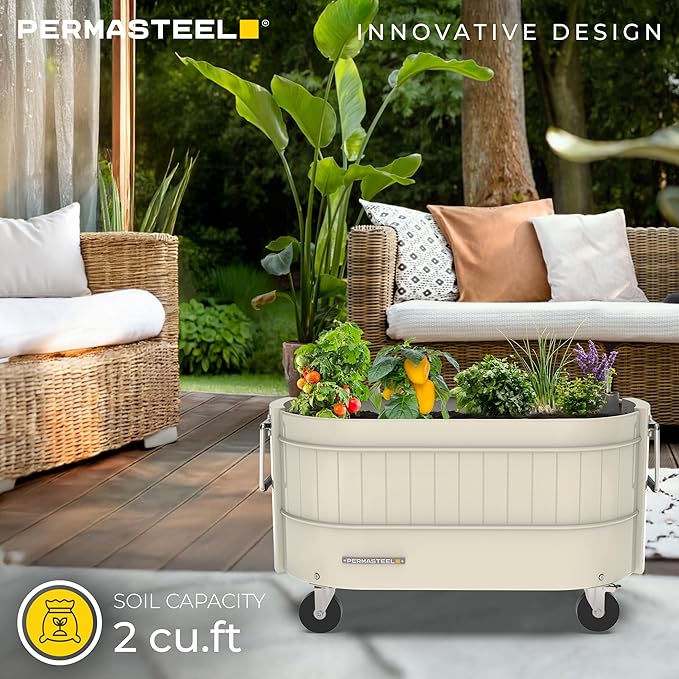 Permasteel Self-Watering Garden Bed Rolling Planter for Vegetables Flowers Herbs and Fruit Outdoor Indoor Caster Wheels Ivory