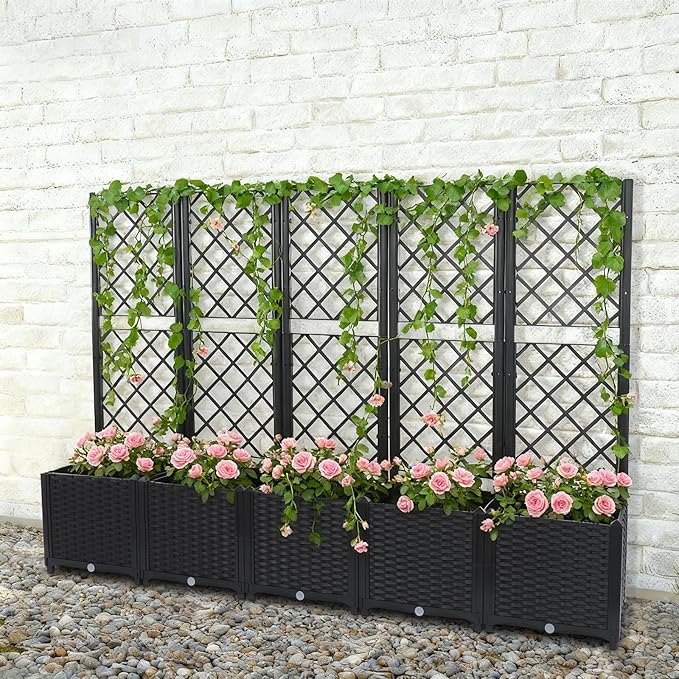 Garden Planter with Trellis Polypropylene Planter Boxes with 5 Compartments Garden Box with Privacy Screen for Outdoor Spaces Terraces Balconies-47.24 * 47.24 * 55.91in (Black)
