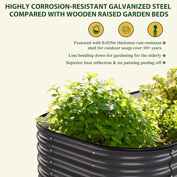 6ftx3ftx2ft Raised Garden Bed Outdoor for Vegetables 9-in-1 Galvanized Metal Planter Box with 2 Aluminum Support Rods 24''H Modular Garden Bed Kit Oval for Herbs and Flowers Gray