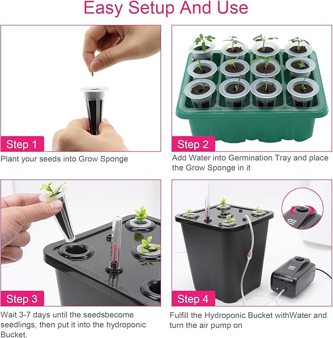DWC 2 Hydroponic Buckets Kit for Plants Hydroponics Growing System for Herbs/Tomato/Vegetables DWC System with Air Pump &amp Germination Tray (Complete Indoor Hydroponic Gardening Supplies) (Black)