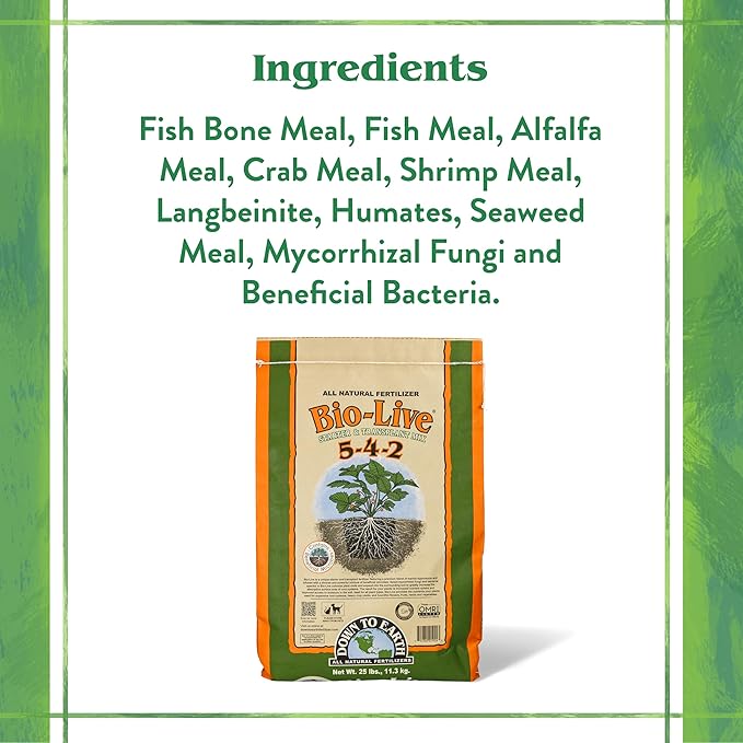 Down To Earth All Natural Fertilizers Organic Bio-Live Starter &amp Transplant Mix with Mycorrhizal Fungi and Benefical Microbes for Plant Food 5-4-2 25 lb
