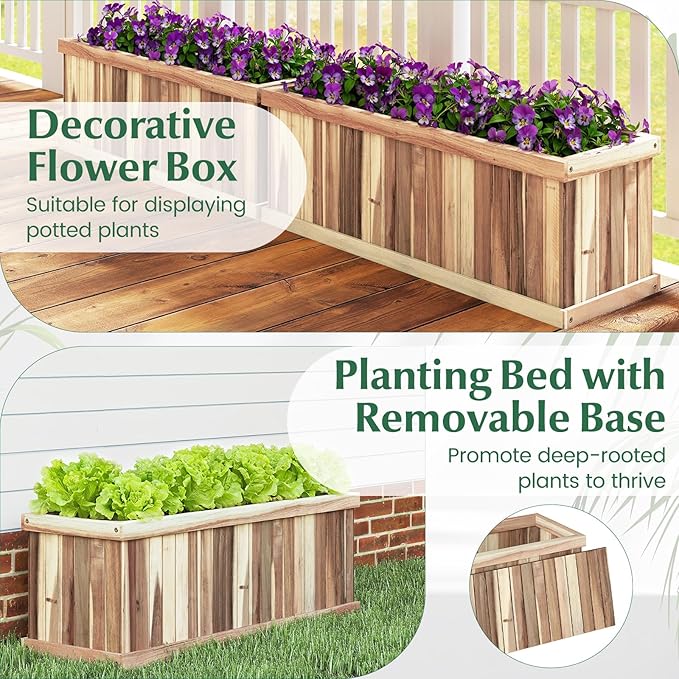 Giantex Acacia Wood Raised Garden Bed Rectangular Planter Box w/Drainage Gaps Floor Standing Window Mount for Flower Vegetable Herb Fruit Outdoor Plant Container for Backyard Lawn 36x12x12